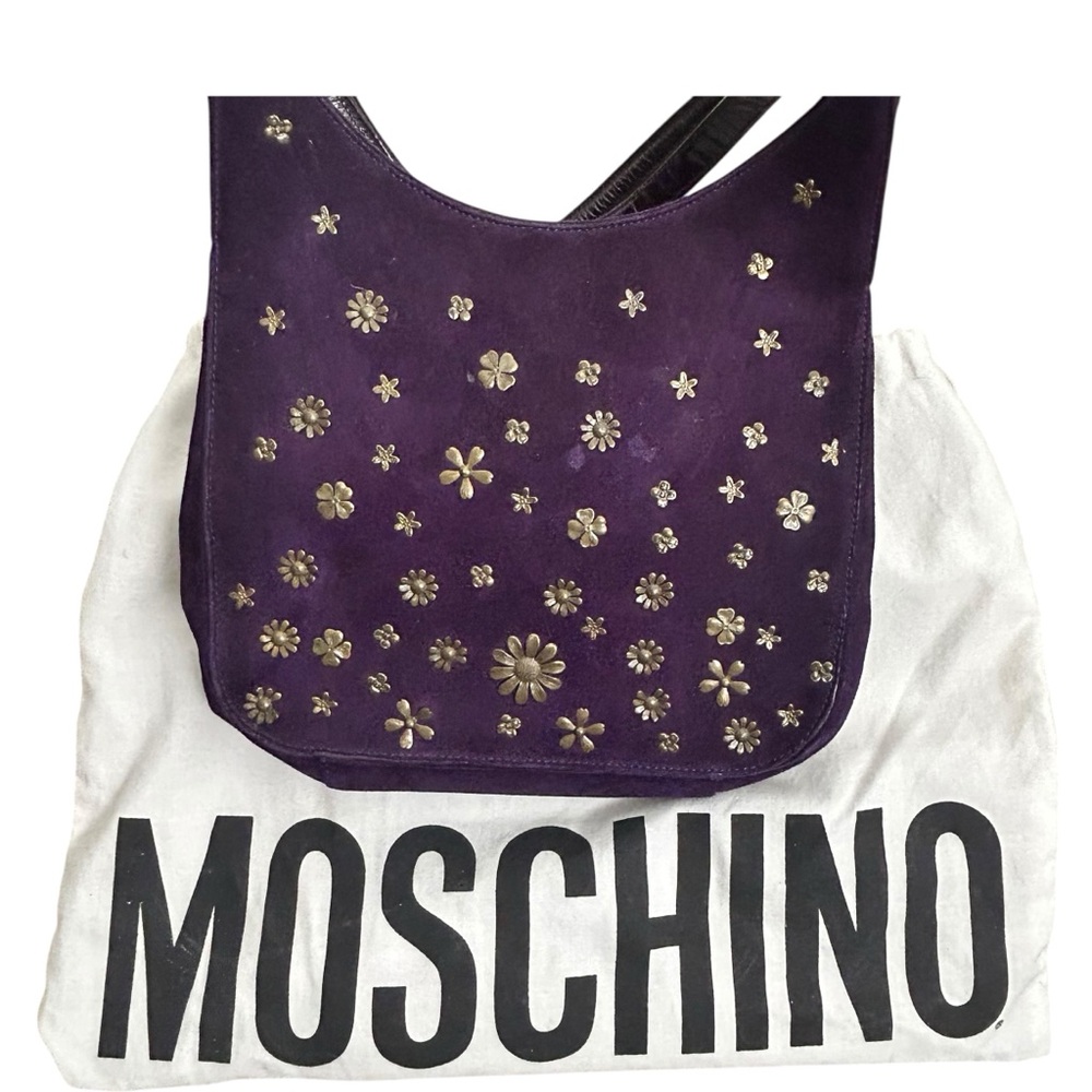 Moschino Purple Suede Floral Studded Shoulder Bag - Picture 8 of 12